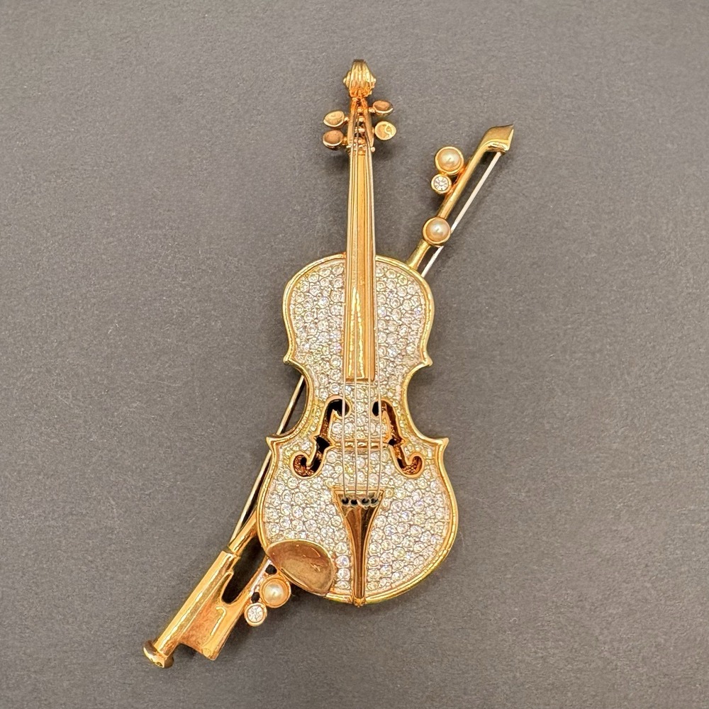 Vintage Swarovski Violin Crystal Faux Pearls Brooch Large Swan Signed Retired 4"